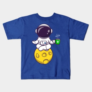 Astronaut Yoga On Moon With Coffee Cartoon Kids T-Shirt